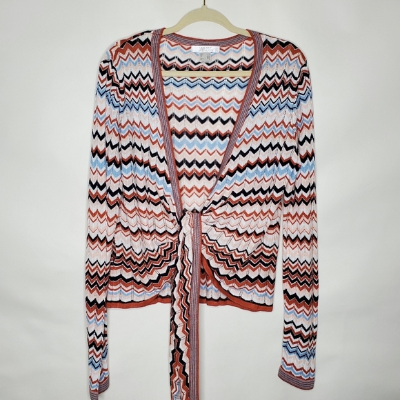 Lascana Chevron Print Tie Front Cardigan Size L Open Weave Details Lightweight - Picture 4 of 10